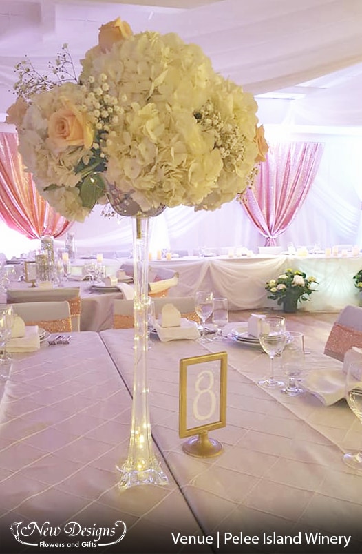 A stunning Centerpiece of White Hydrangeas and Roses sits compact atop a clear Fluted vase, run through the middle with twinkle lights.